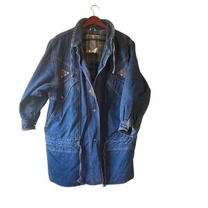 Vintage thick Womens Denim Long Jacket flannel Lined Leather Accents Size L